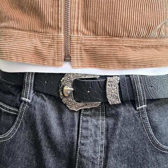 vintage style black American western floral silver boho belt - Picture 7 of 7